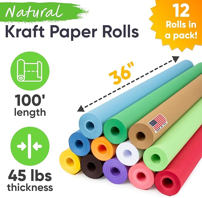 36" x 1200" (100 ft) Pack of 12 Rolls USA Made Multi-Color Kraft Paper, 45 lbs - Colored Paper for Arts and Crafts, DIY Projects, Gift Wrapping, Packing