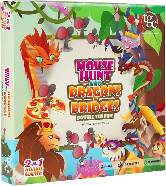 2-in-1 Family Board Game for Kids 5+ | Folding 19x19 Inch Board with 16 Pawns & Dice | Dragons & Bridges + Mouse Cafe | Educational & Fun Travel Game for Kids & Families