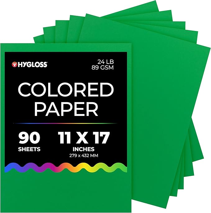 Hygloss Dark Green Colored Paper - 24 lb, 89 GSM, Acid-Free, Fade-Resistant, 11x17-Inch Ledger Size Color Copy Paper, 90 Sheets