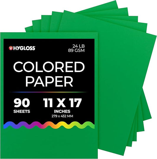 Hygloss Dark Green Colored Paper - 24 lb, 89 GSM, Acid-Free, Fade-Resistant, 11x17-Inch Ledger Size Color Copy Paper, 90 Sheets