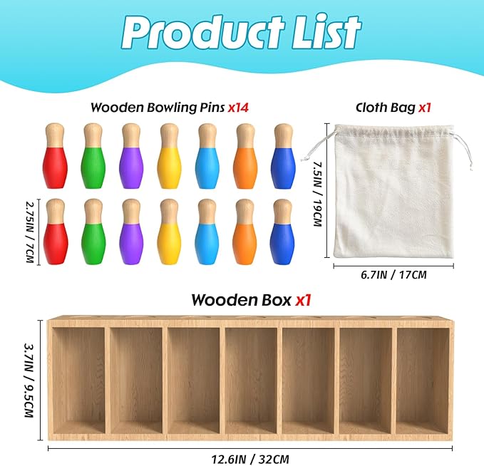 Color Matching Toy Set for Kids, Wooden Bowling Color Matching Game with 7 Bright Pins and Storage Bag, Matching Games for Kids Family Party Birthday Gift, Fun Party Game for Boys Girls