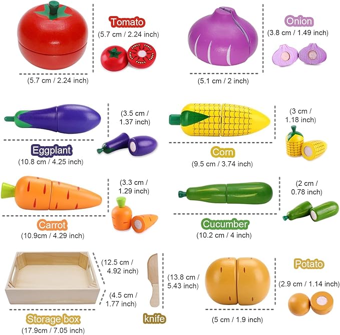 Wooden Play Food for Kids Kitchen Toys for Toddlers Cutting Pretend Toy Food Wooden Fruits Vegetables Gift for Boys Girls Educational Toys