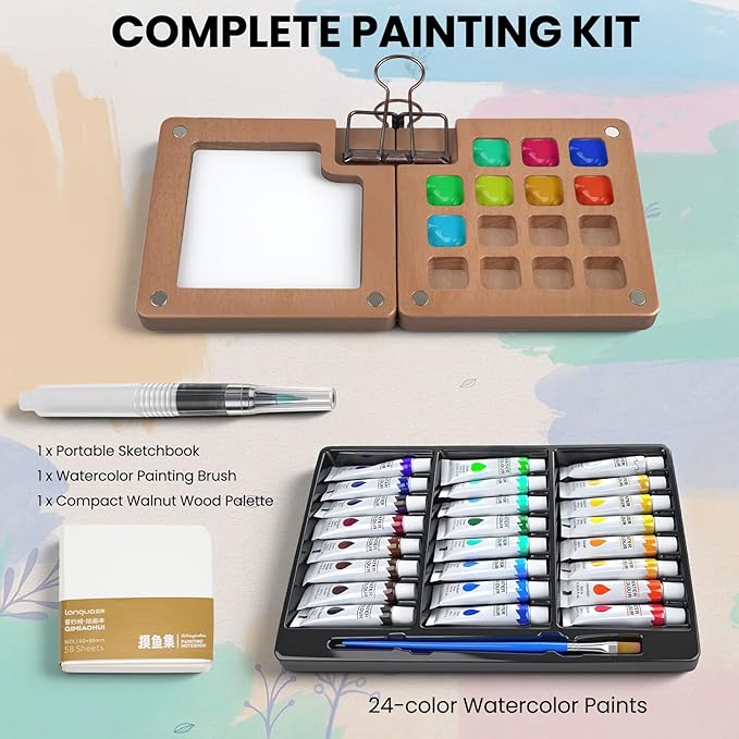 Mini Paint Palette Travel Kit,Mini Travel Watercolor Palette Set,Pocket Artist Water Color Sets with Watercolor Pens,Binder Clips, Include 24 Colors Paint for Beginners Artists Students(Walnut-15 Grids)