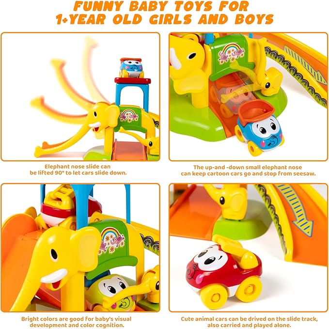 Marstone Toddler Toys for 1 2 Year Old Boys and Girls Gifts: Educational Elephant Slide with 4 Animal Cars Toys for Baby 12-18 Months, First Birthday Present Learning Push Truck Track Ages 1-2