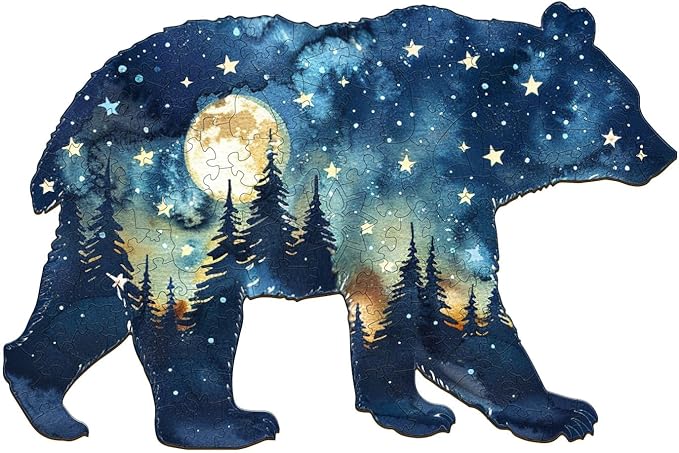 Wooden Puzzles for Adults - Astral Bear Wooden Jigsaw Puzzle - Unique Animal Shaped Wood Puzzles Adult - Christmas Birthday Gifts for Adults/Friends/Family - 100 Pcs 9.1 * 6in