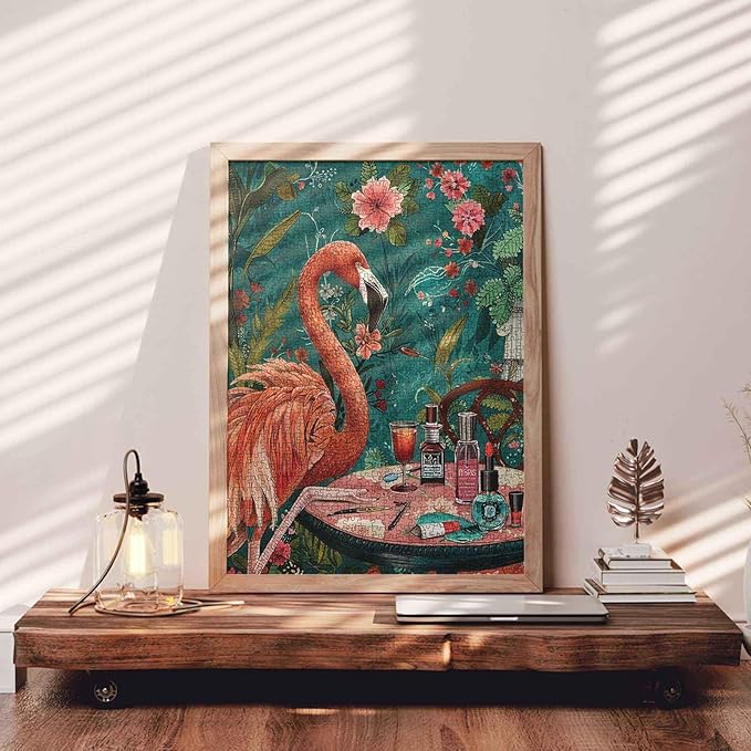 Funny Animal Flamingo Manicure Jigsaw Puzzle 1000 Pieces Puzzles for Adults, Bohemia Floral Tropical Plant Art Puzzle for Challenging Family Activity Games DIY Crafts Puzzle for Home Decor Gifts