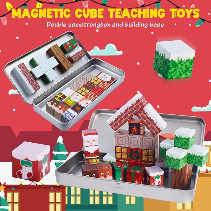 Magnetic Blocks Travel Toys Set - 35PCS Magnetic Cubes Magnet Tiles for Kids Ages 3+, Educational STME Christmas Tree ‌Sensory Game with Box - Christmas Birthday Gifts Boys and Girls