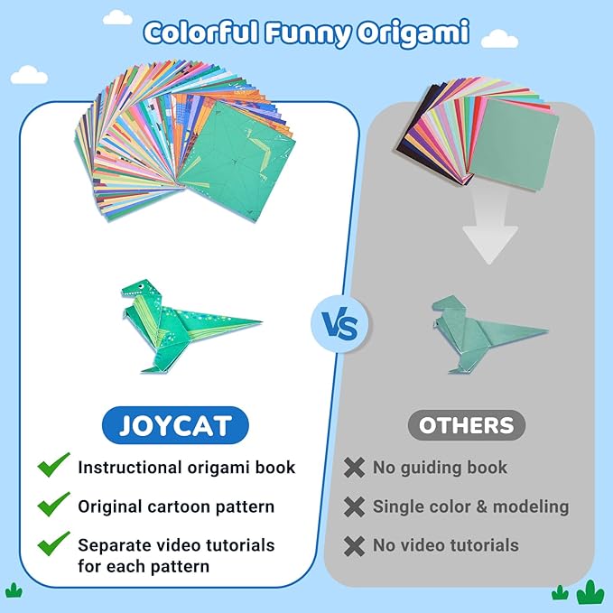 JoyCat Origami Paper Kit for Kids,180 Sheet 5.5x5.5 Colorful Paper,73 Dinosaur & Paperplane Style with Instruction Book,Art&Crafts Supply Set for Ages 5-12 boy,Ideal DIY&Educational Toy,Gift for Kids