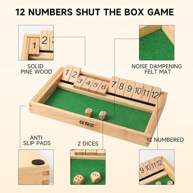GSE Games & Sports Expert Wooden Shut The Box 12 Numbers Dice Game Board with 2 Wooden Dice, Classic Tabletop Version of The Popular English Pub Game