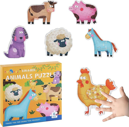FLYINGSEEDS 6 Packs Farm Animals Shaped Wooden Jigsaw Puzzles with Pattern Blocks for Beginner, Toddler Puzzles Ages 1-3, Montessori Learning Toys Preschool Educational Activity for Kids Ages 2-5