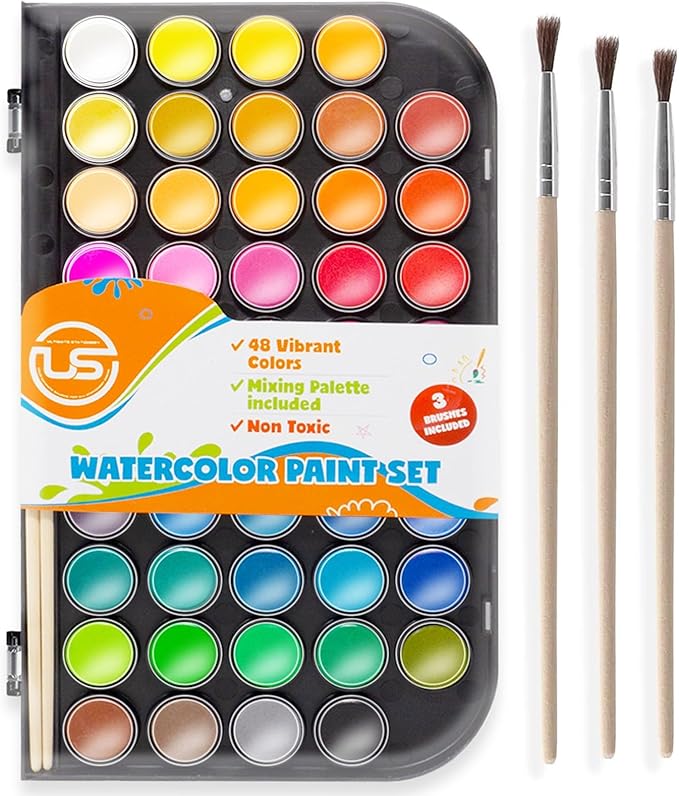 Watercolor Paint Set, 48 Colors of Premium Quality, Washable, Water color with Mixing Palette and 3 Paint Brushes for Adults, Kids, Beginners & Artists