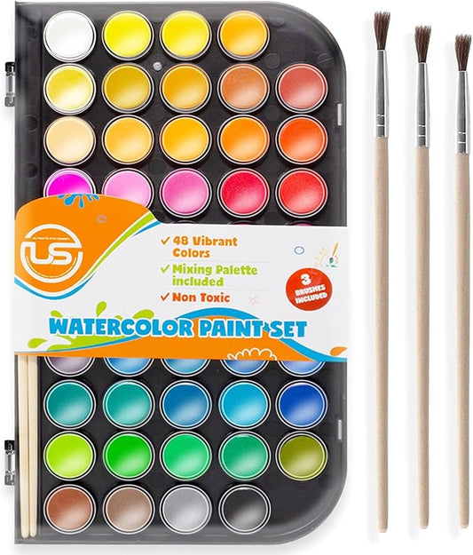 Watercolor Paint Set, 48 Colors of Premium Quality, Washable, Water color with Mixing Palette and 3 Paint Brushes for Adults, Kids, Beginners & Artists