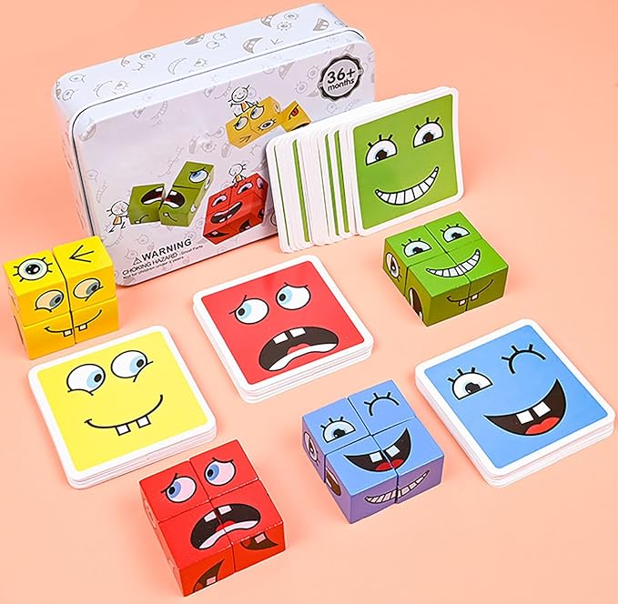 Large Wooden Face Expression Puzzle Building Cubes Manipulatives Face Changing Magic Cube Puzzles Matching Game with Bell Logical Thinking Training Brain Educational Montessori STEM Toys
