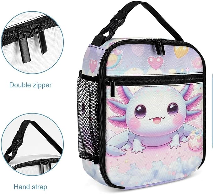 Axolotl Lunch Box - Cute Reusable Axolotl Lunch Bag for Women Men Kids - Small Portable Foldable Insulated Lunchbox for School Work Picnic