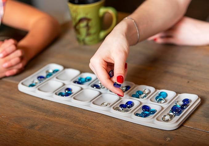 Travel Mancala Game Set – Flexible Silicone Roll-Up Board, 50 Stones & Zippered Canvas Bag – Portable Strategy Game for Adults & Teens (Light Grey)