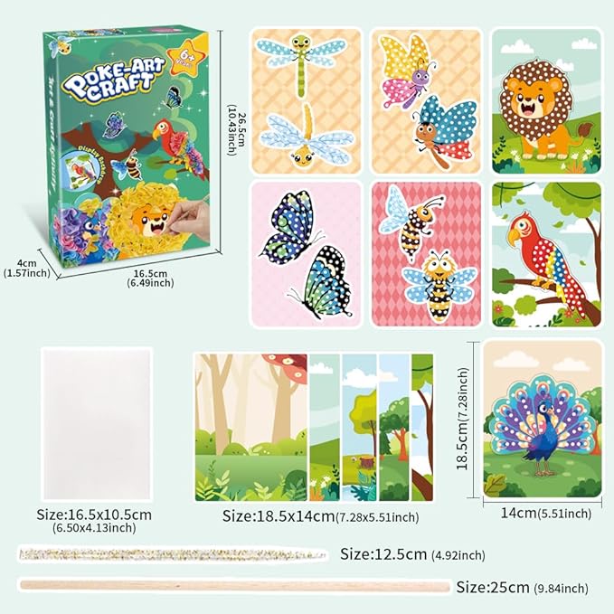Poke-Art Animal Poking Art Kit with Fabric and Tools,Includes Various Animals Such as Butterflies, Bees, Dragonflies, Peacocks, Parrots, and Lions,Mess-Free Sewing Art for Kids Ages 4+