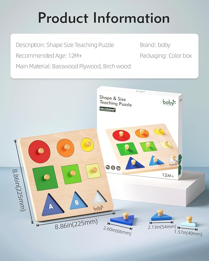 Montessori Puzzles for Babies 12-18-24 Months, Wooden Jumbo Knob Peg Puzzle Shape sorter for Toddlers 1-3 Year Old, Early Learning Sensorial Toys (Shapes & Size Sorting Puzzle)