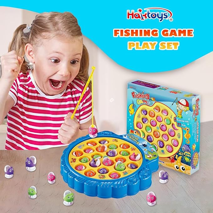 Haktoys Fishing Game for Kids & Toddlers – Battery-Operated Rotating Fishing Toy with 21 Fish, 4 Poles & Music On/Off Switch – Fun Educational Board Game for Boys & Girls