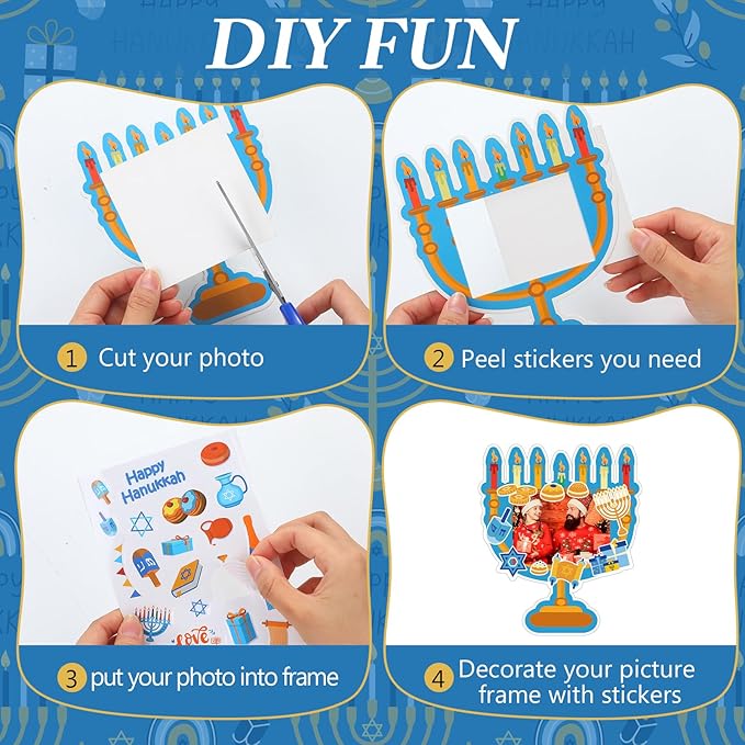Jetec 48 Set Hanukkah Picture Frame Craft DIY Chanukah Photo Frame Make Your Own Festival of Light Ornaments with Jewish Festival Stickers for Hanukkah Party Favor Classroom Activities