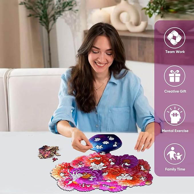 Wooden Puzzles for Adults, 199 Pieces Flower Vase Wooden Jigsaw Puzzles, Floral Puzzle Unique Shaped Gift for Adults and Kids on Birthday, Thanksgiving, Family Puzzle Games (10.7'' x 11.4'')