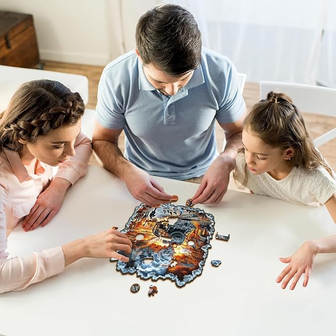 Wooden Puzzles for Adults 255 Pices, 3D Steam Train Wooden Jigsaw Puzzle, Flat Puzzels with 3D Visual Effect, Steam Train Irregular Jigsaw Puzzles, Finished Puzzle Size is 11.6 * 11.5 in