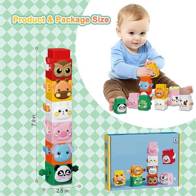 6 PCS Stacking Toys Set for Toddlers 18+ Months 1 2 3 4 Years Old Boys Girls Preschool Sensory Block Toys Pressable Animals Stacking Blocks with Cute Expressions Fun Christmas Birthday Gifts for Kids