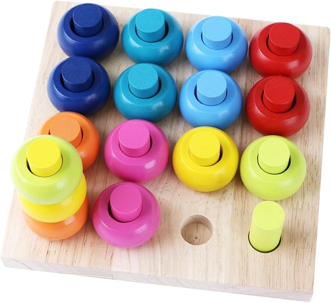 Wooden Color Sorting Stacking Rings Board Educational Learning Counting Toys Puzzle Games for 1 Year Old Preschool Kids Children Gift