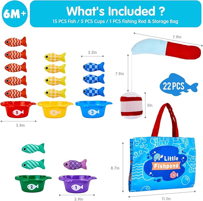 Toddler Toys Montessori Toys for 1 Year Old Boy Girl Birthday Gift- Cloth Fishing Game for Toddler 1-3 with Stacking Cups- Number Counting, Color Sorting, Shape Learning