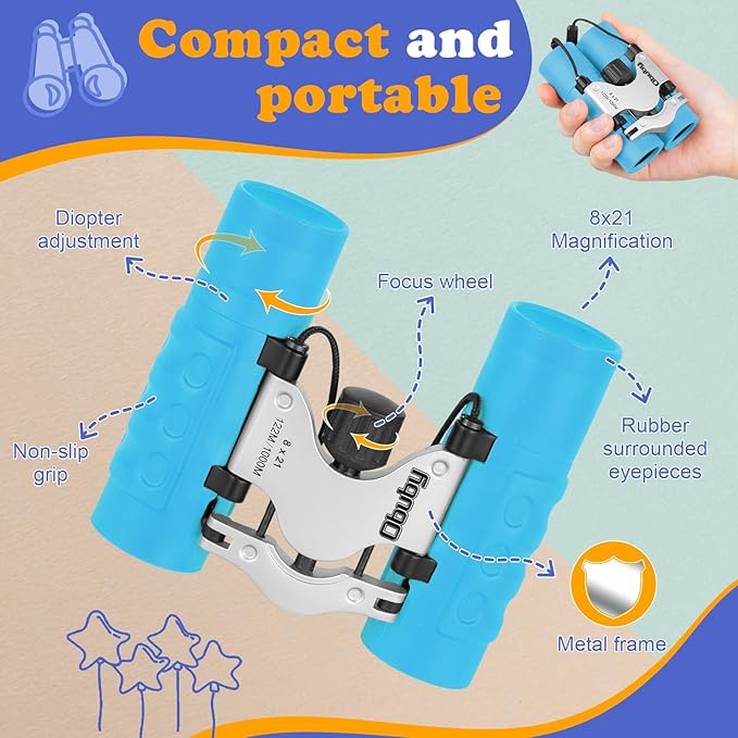 Obuby Real Binoculars for Kids Gifts for 3-12 Years Boys Girls 8x21 High-Resolution Optics Compact Toy Binocular for Bird Watching,Travel, Camping