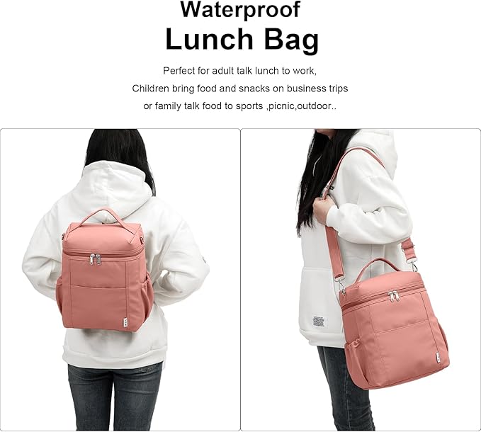 NOL Natural Organic Lifestyle Insulated Lunch Bags for Women Cooler Bag Lightweight Nylon Waterproof Lunch Box For Work (Dark Pink, Large)