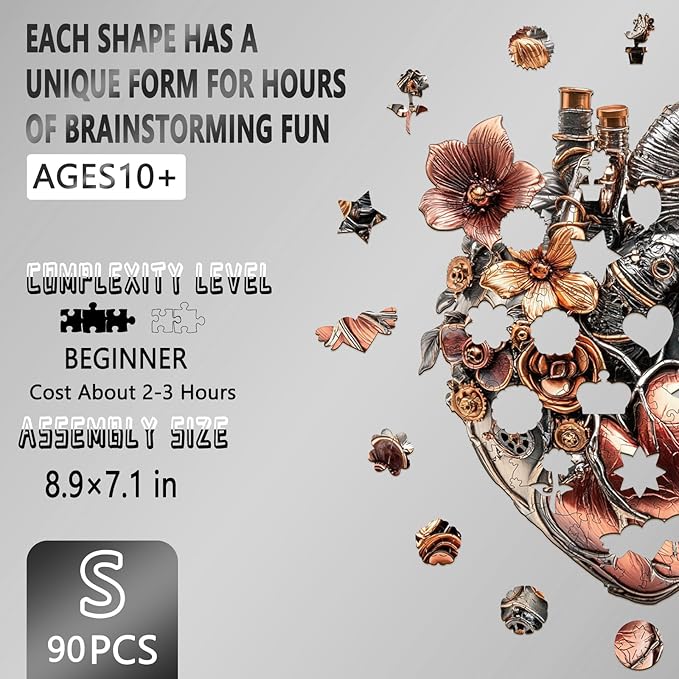 Wooden Puzzles for Adults, Mechanical Heart Wooden Jigsaw Puzzles for Adults, Unique Shaped Wood Puzzle, Fun Gifts for Mother's Day, Heart Puzzle Home Decor (S-8.9 * 7.1in 90 Pieces)