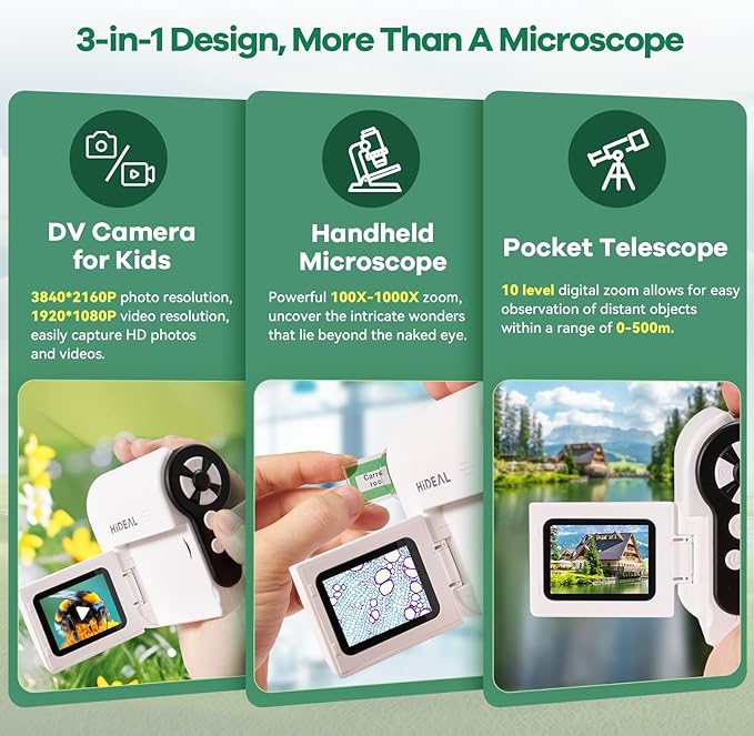 HP20 IPS Microscope for Kids: [3-in-1] [Easy and Fun] 2" Portable Handheld Microscope Miniscope, Pocket Mini Scope Educational Science Kit, Christmas Birthday Gifts for Kids, 32GB, White