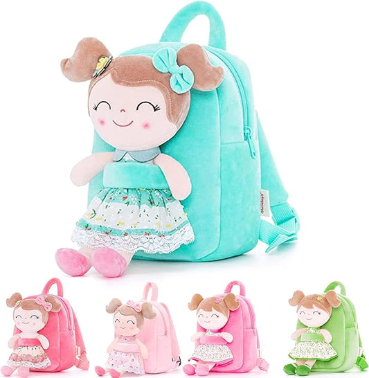 Gloveleya Kids Backpacks Girls Backpack Plush Bags with Soft Baby Doll Green 9"