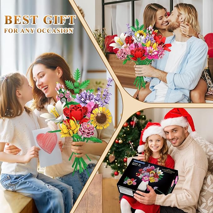 Flower Bouquet Building Set, 1464 PCS Botanical Collection Building Block Toy, 18 Flowers Rose Sunflower Home Plant Decor, Birthday Gifts for Adults Women Boys Girls 8-12+