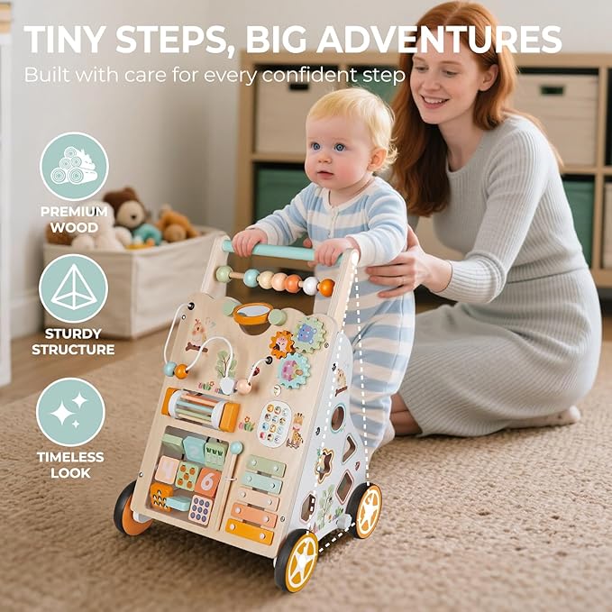Baby Push Walker, Wooden Baby Walker with Wheels, Montessori Activity Center for 1 Year Old Boys Girls, Adjustable Speed & Height Push Toy for Toddlers, Educational Gift for Ages 1+ Kids Development