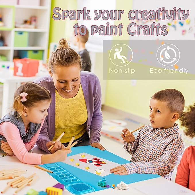 Painting Stations,Silicone Art Mat [1x Apron,1 Pair Oversleeve,20 Pieces Brushes] Painting Craft Mats 21"X17" with Detachable Cup for Resin for Kids Gift,Paint, Clay, DIY Projects