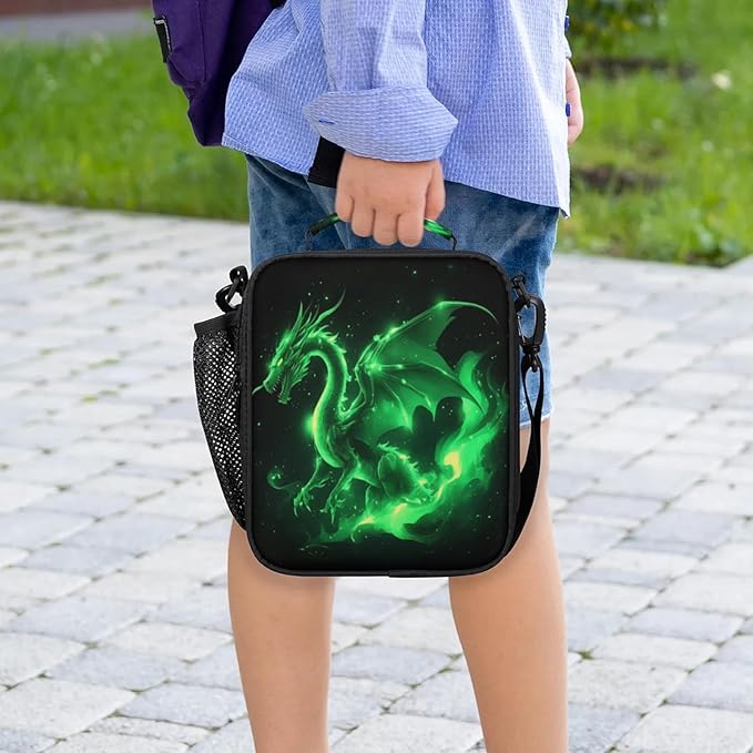 Green Dragon Lunchbox Boys Insulated Lunch Bag Reusable Portable Lunch box with Adjustable Shoulder Strap and Water Bottle Holder for Work School Travel