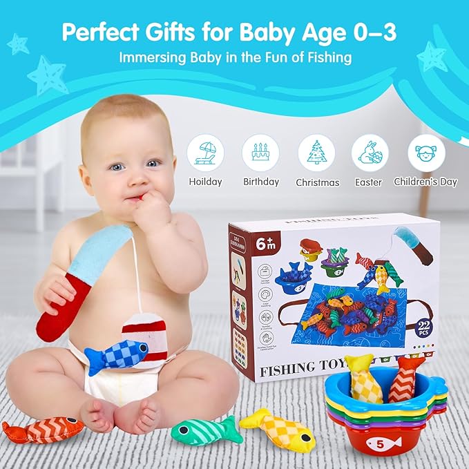 Toddler Toys Montessori Toys for 1 Year Old Boy Girl Birthday Gift- Cloth Fishing Game for Toddler 1-3 with Stacking Cups- Number Counting, Color Sorting, Shape Learning
