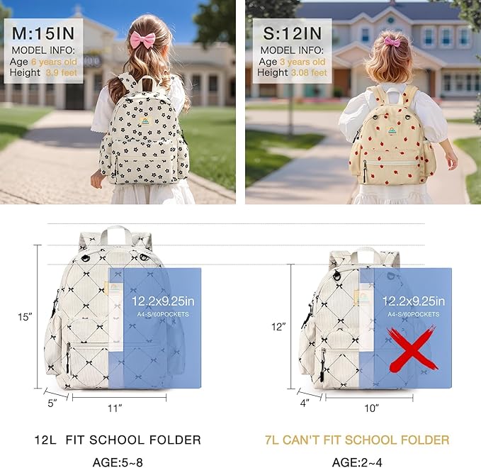 STEAMEDBUN Corduroy Toddler Backpack for Girls 2-4: Kids backpack for Boys Girls - 12 inch Preschool Kindergarten Backpacks - Bow