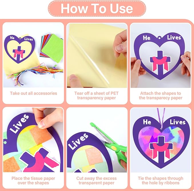 Qyeahkj 36 Set Easter Suncatchers Crafts for Kids DIY Resurrection Church Window Tissue Paper Crafts Kit He is Risen Hanging Decor for Religious Cross School Home Activity Art Project Favor Gift