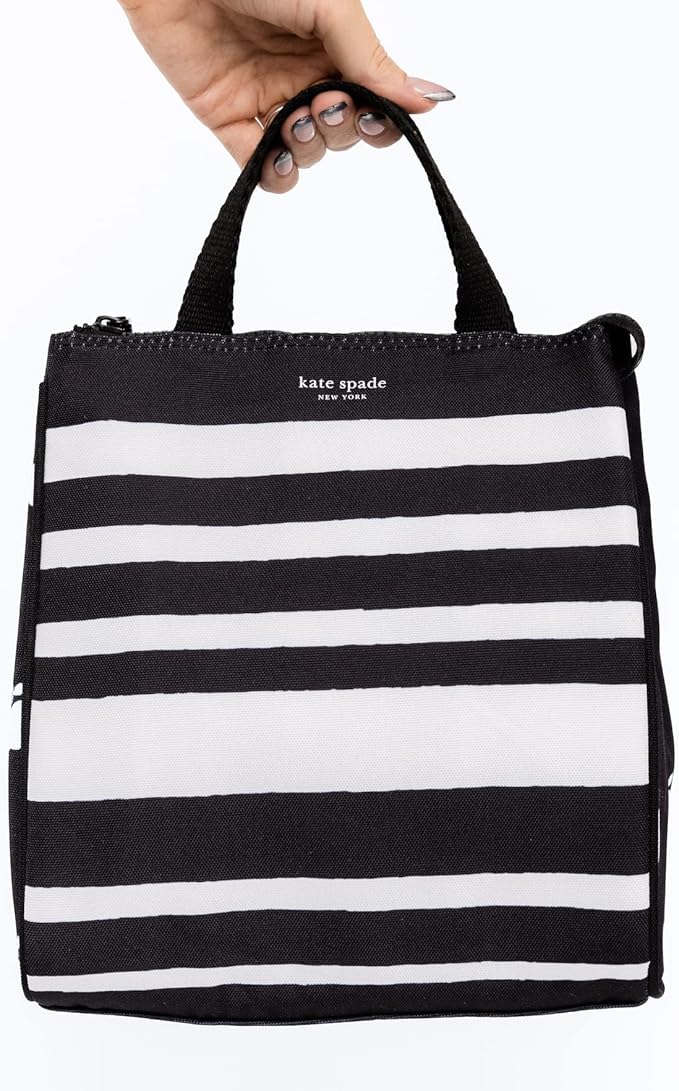 Kate Spade New York Black Portable Soft Cooler Lunch Bag, Thermal Tote with Silver Insulated Interior Lining and Storage Pocket, Sarah Stripe
