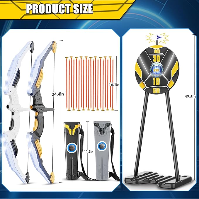 TIGTECGAME 2 Pack Bow and Arrow for Kids, LED Light Up Archery Set with 20 Suction Cup Arrows, 1 Standing Target with Flag Score, Indoor Outdoor Play Sport Toys Gifts for Kids, Boys & Girls Ages 3-12