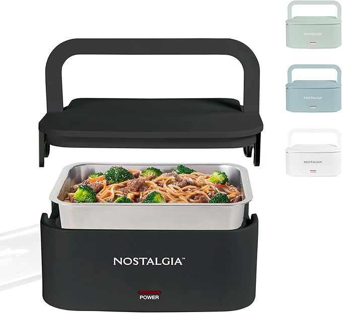 Nostalgia 32-Ounce Heated Electric Lunch Box – Travel Size 4 Cup Capacity for Soup, Pasta, and Leftovers – Leak-Proof Silicone Sealed Lid, Foldable Carry Handle, Detachable Cord – Black