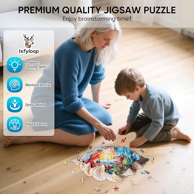 Shell Lighthouse Wooden Puzzles, 200 Pieces Jigsaw Puzzles, Unique Design Wooden Puzzles for Adults and Kids, Family Game Gift 8.2 x14.9 inch