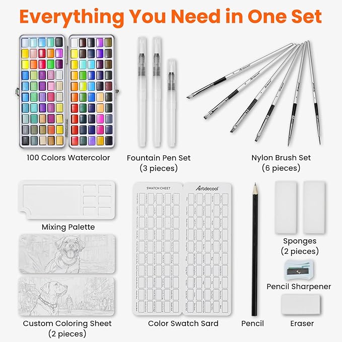 100 Colors Watercolor Paint Set, Vivid colors including Regular, Metallic, Macaron and Fluorescent, Portable with Carrying Case, 9 Water Brushes, Palette and Accessories, For Beginners and Professionals