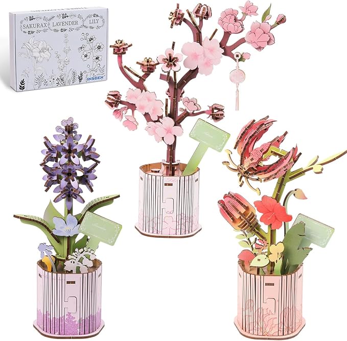 Insgen 3D Wooden Flower Puzzle for Adults, 3 Flowers Bouquet Building Sets, Wooden Flower Kit DIY Botanical Art Craft Model Kit Home Décor for Lovers Nature Enthusiasts