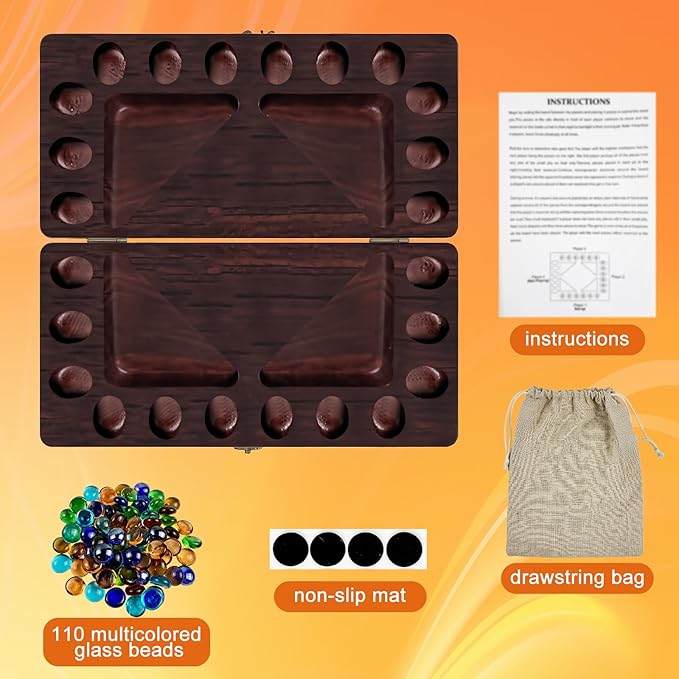4-Player Mancala Board Game, Foldable Solid Wood with 110 Multi-Coloured Glass Beads, Instruction Manual, Non-Slip Mat,Suitable for Family Party Travelling Adults Puzzle Interactive Game.