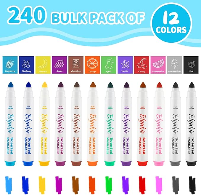 240 Count Scented Washable Markers - 12 Colors 20 Each with Super Tip & Sweet Scents, Non-Toxic Bulk Pack for Classroom, Kids Art, School Supplies, Teachers & DIY Projects