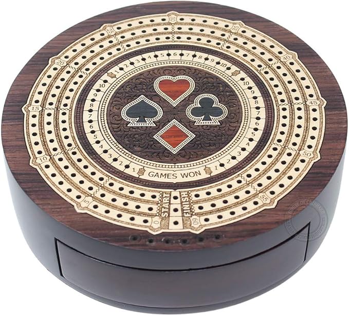 House of Cribbage - Round Shape 3 Track Non-Continuous Cribbage Board - Push Drawer Storage for Pegs and 1 Deck of Cards with Score Marking Fields for Won Games (Rosewood/Maple Wood)