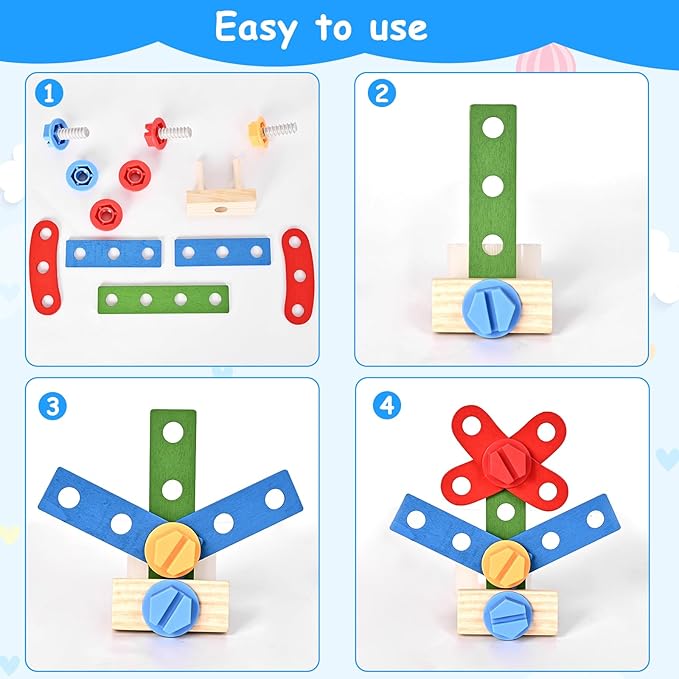 Wooden Tool Set for Kids, 38 PCS Pretend Play Construction Toys with Tool Box, Screws, Nuts, Montessori Learning Toy for Toddlers Ages 3 4 5 6 Years Old Boys Girls